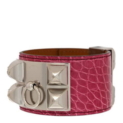 HERMES Shiny Alligator Collier De Chien CDC Bracelet S Rose 